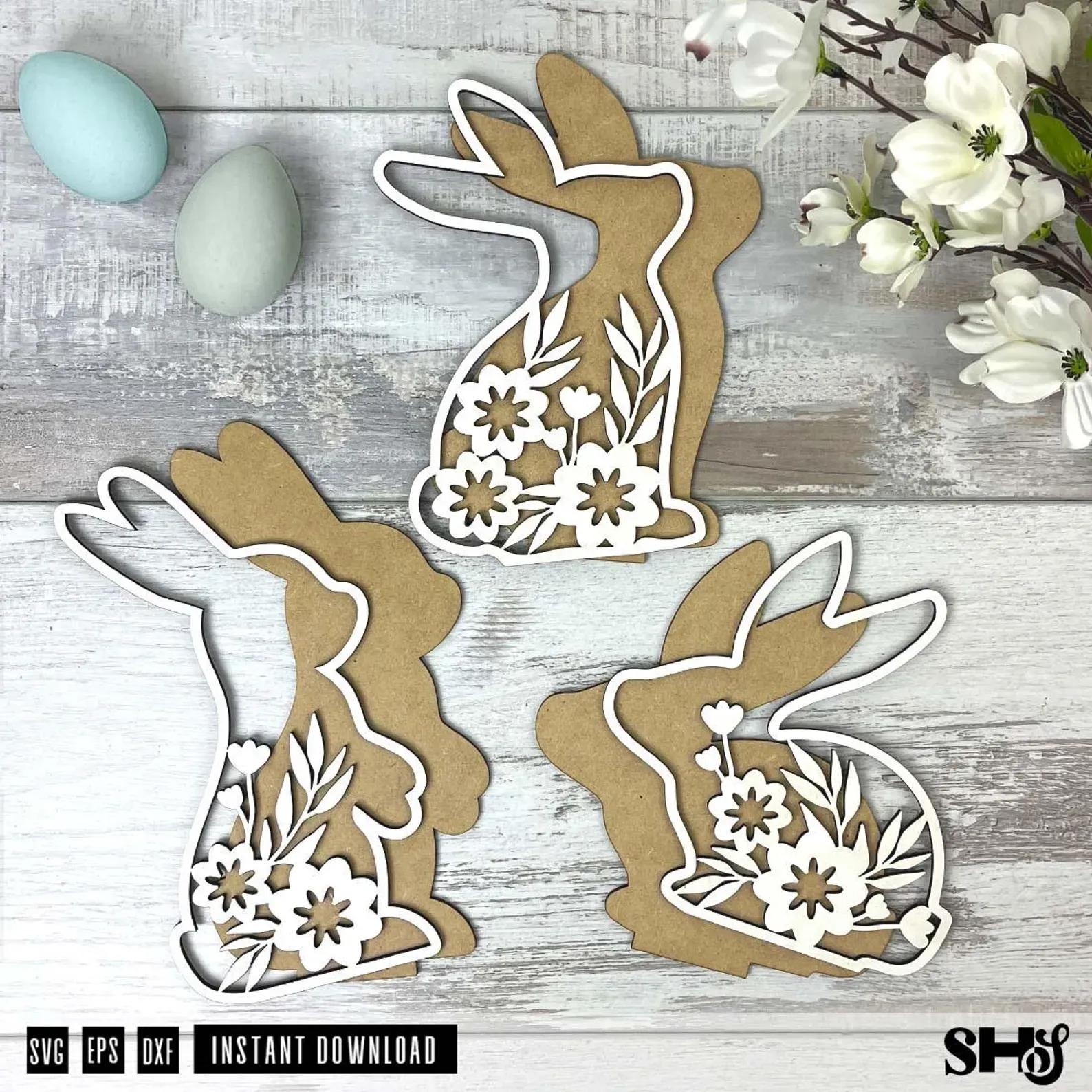 Floral Bunnies SVG Laser Cut File alternate view