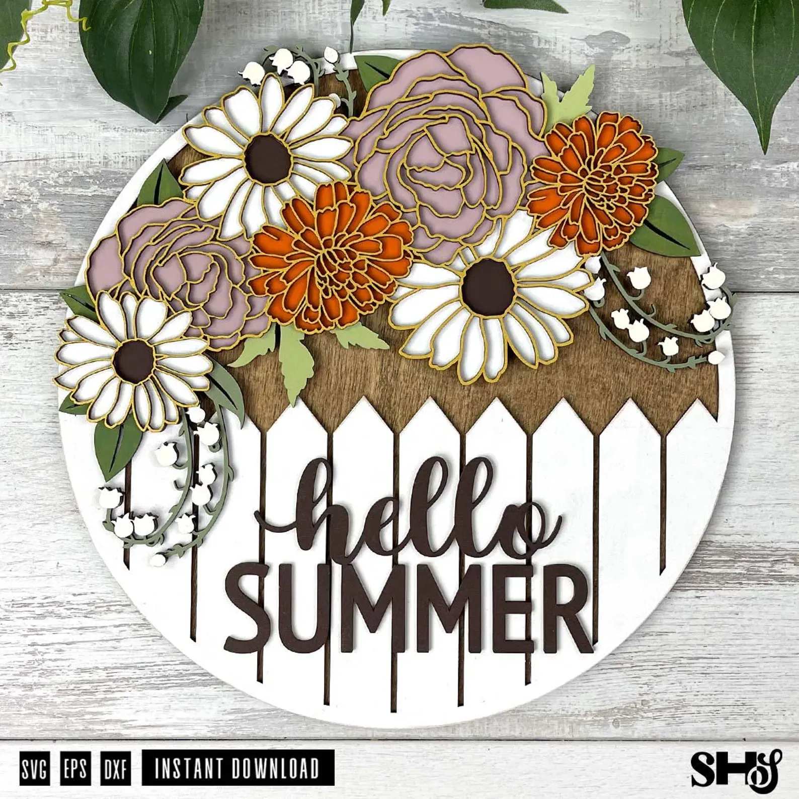 Hello Summer Sign Laser Cut File: Flower Round SVG