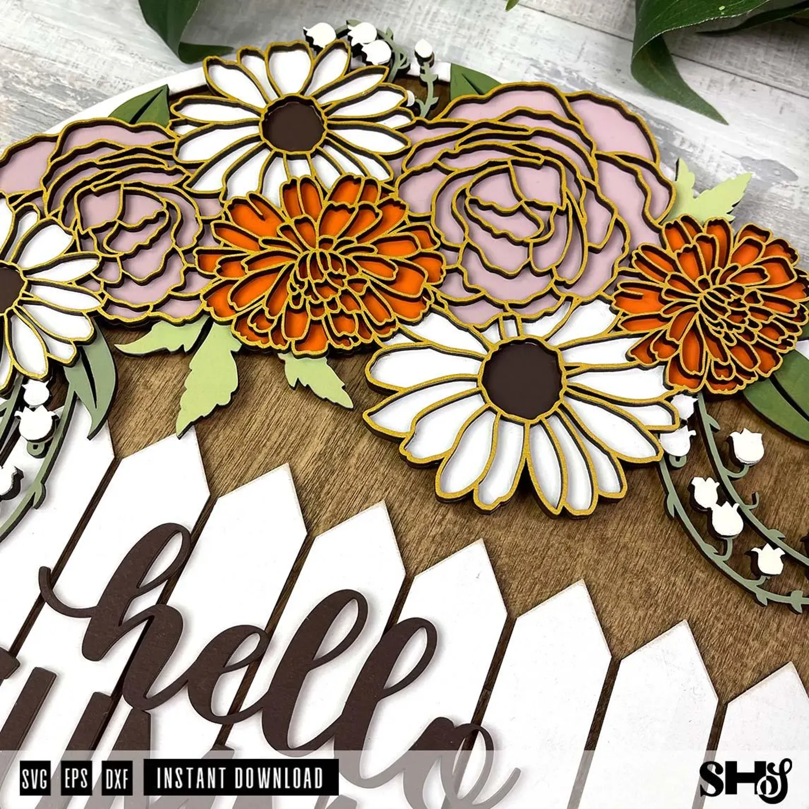 Hello Summer Sign Laser Cut File: Flower Round SVG alternate view
