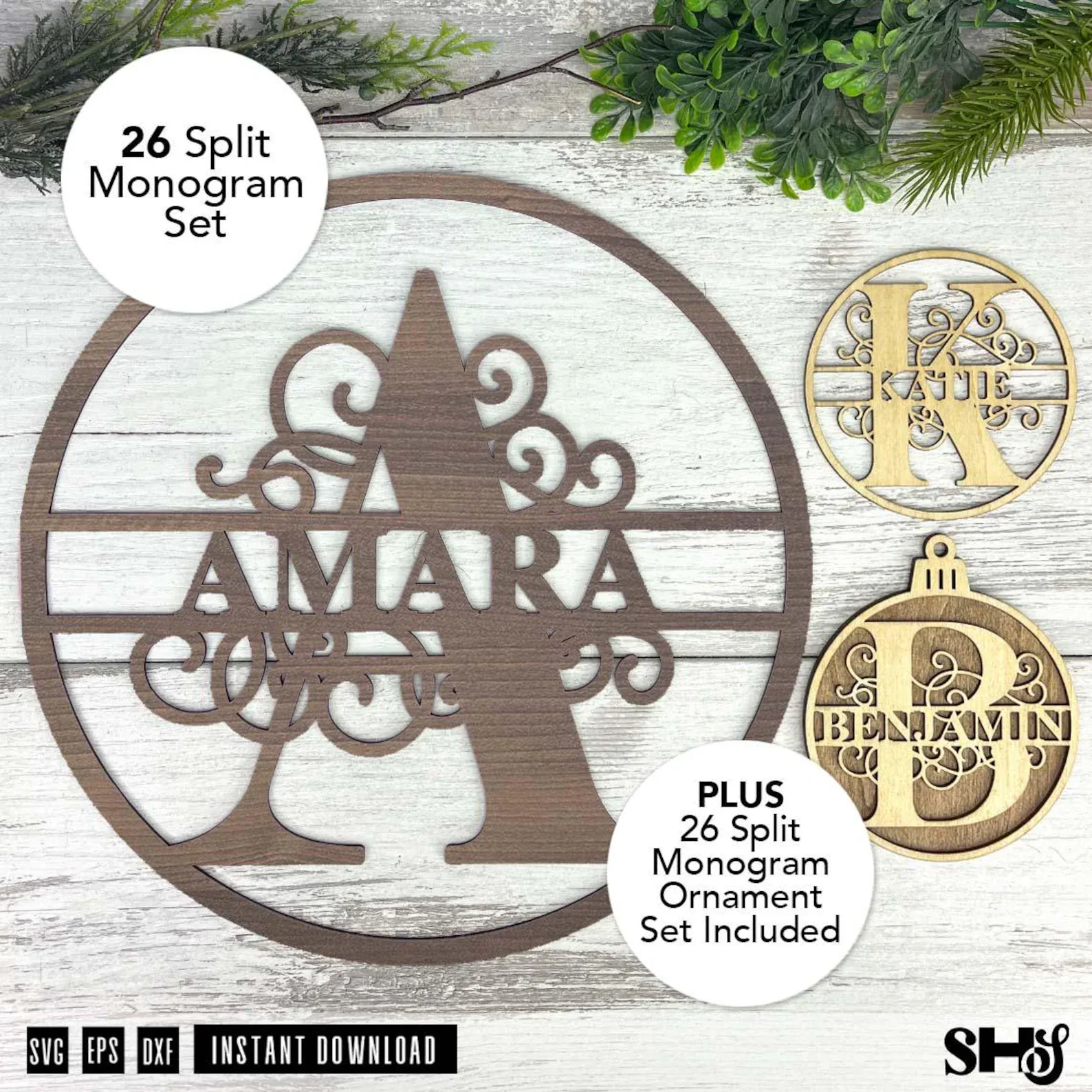 Customizable Split Monogram Ornaments & Circle SVG Bundle alternate view