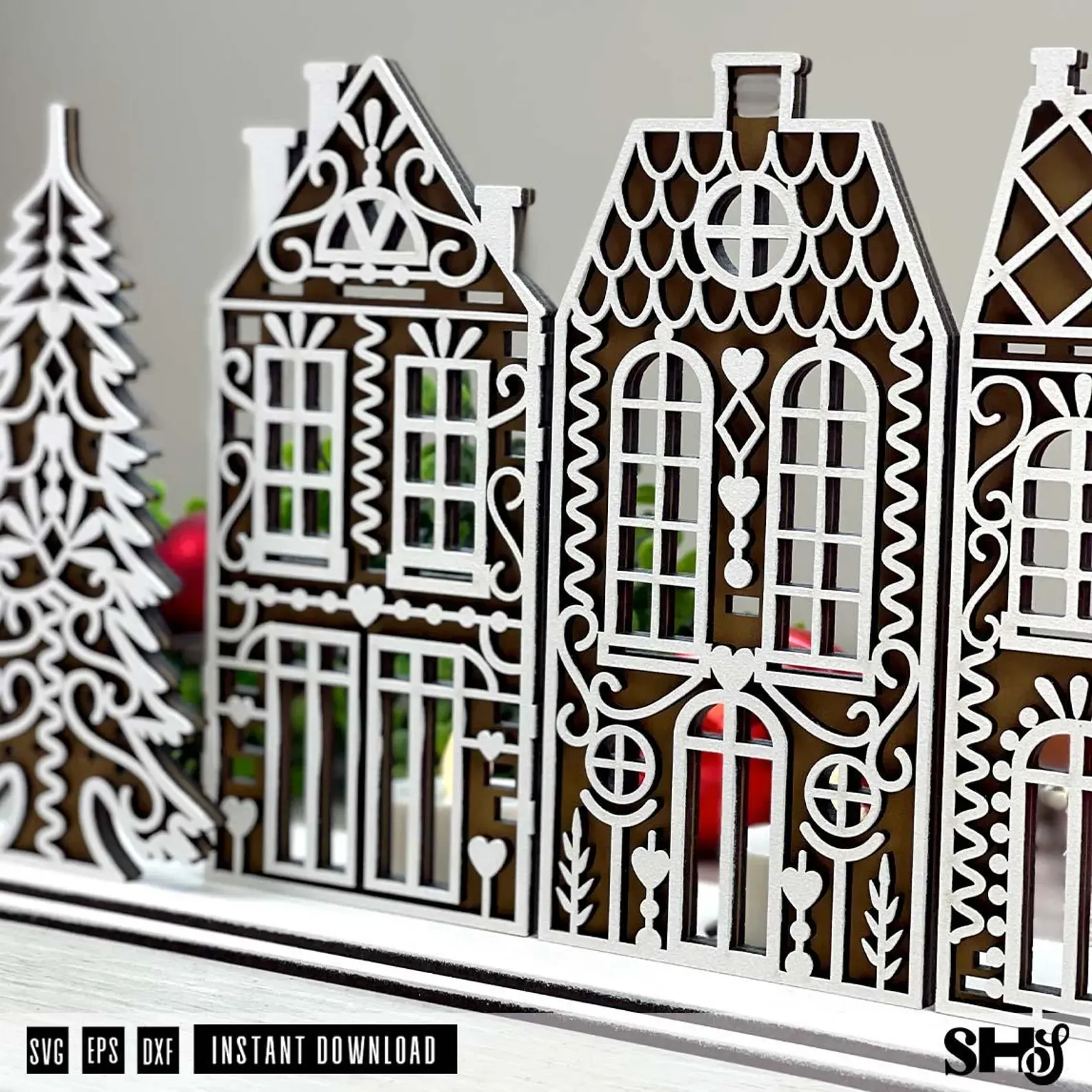 Gingerbread Village Centerpiece Tea Light Holder SVG alternate view