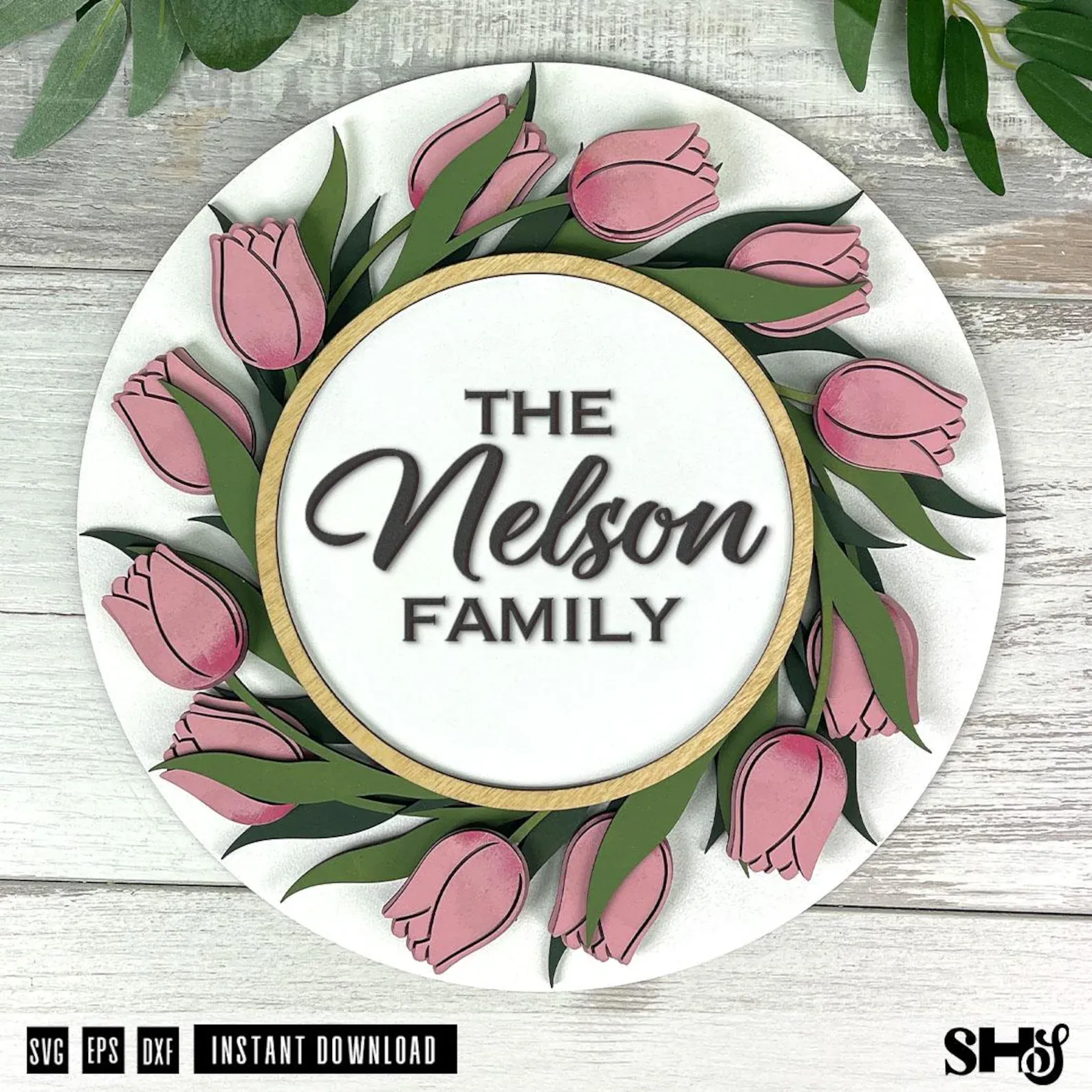 Spring Tulip Wreath Family Sign Laser Cut SVG | Tulip