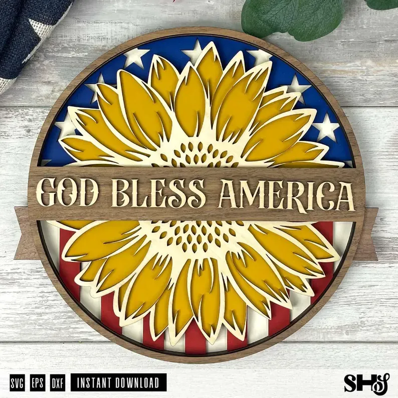 God Bless America Sunflower Laser Cut File