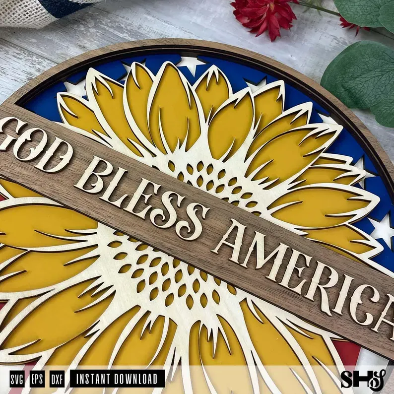 God Bless America Sunflower Laser Cut File alternate view