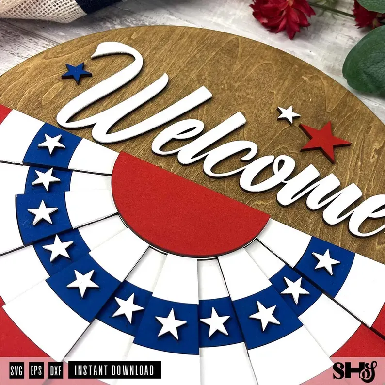 Patriotic Red White & Blue Banner Welcome Sign SVG alternate view