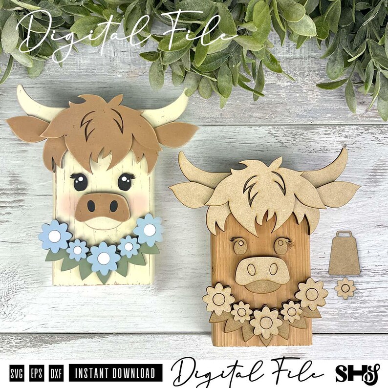 Highland Cow Wood Block Face SVG alternate view