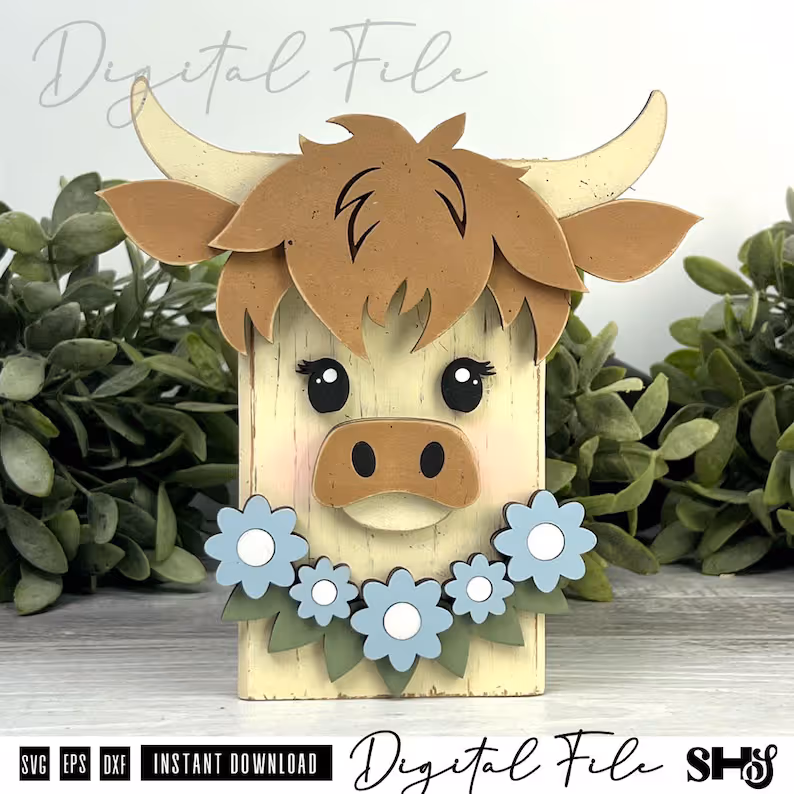 Highland Cow Wood Block Face SVG