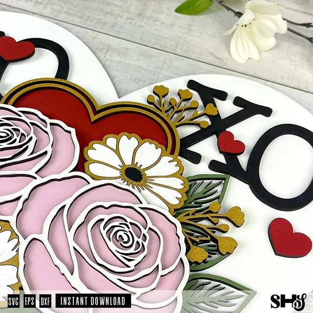 XOXO Heart Floral Valentine's Day Laser Cut SVG alternate view